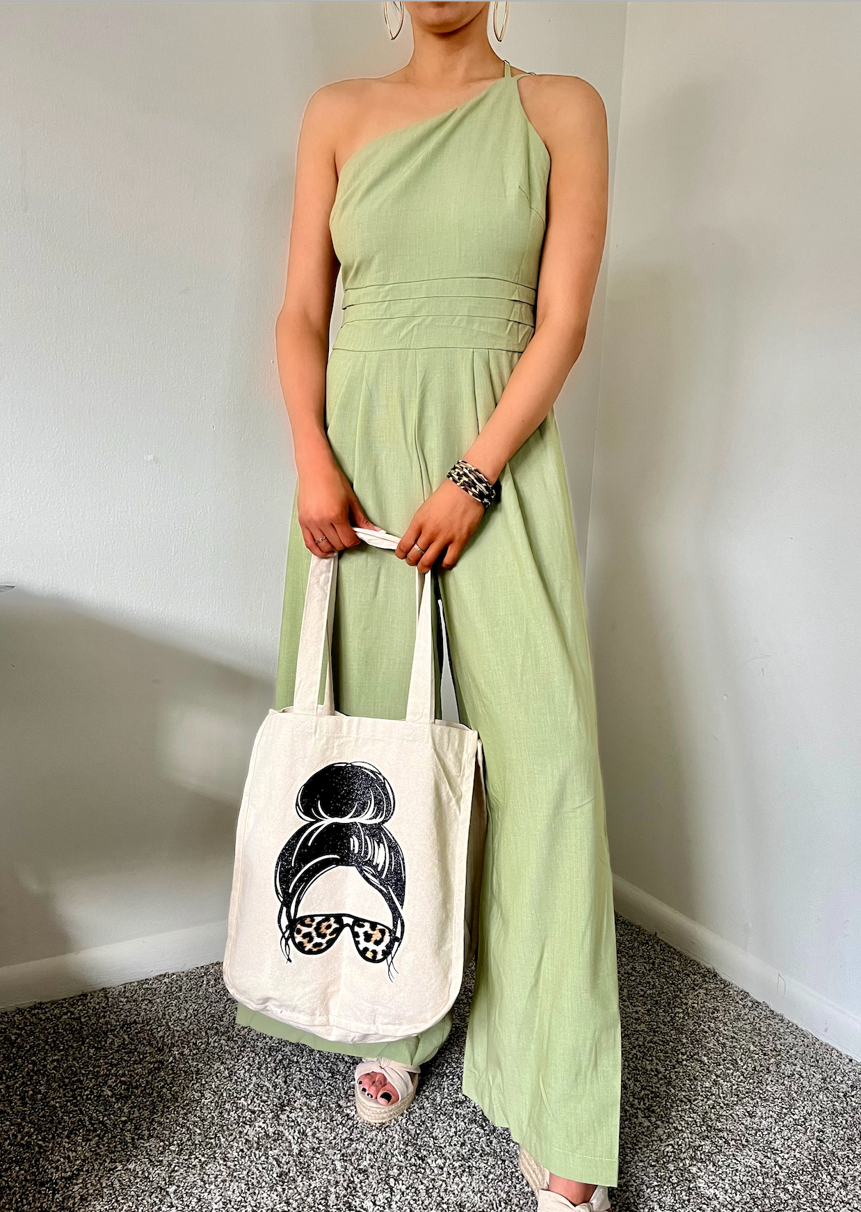 One Shoulder Green Jumpsuit
