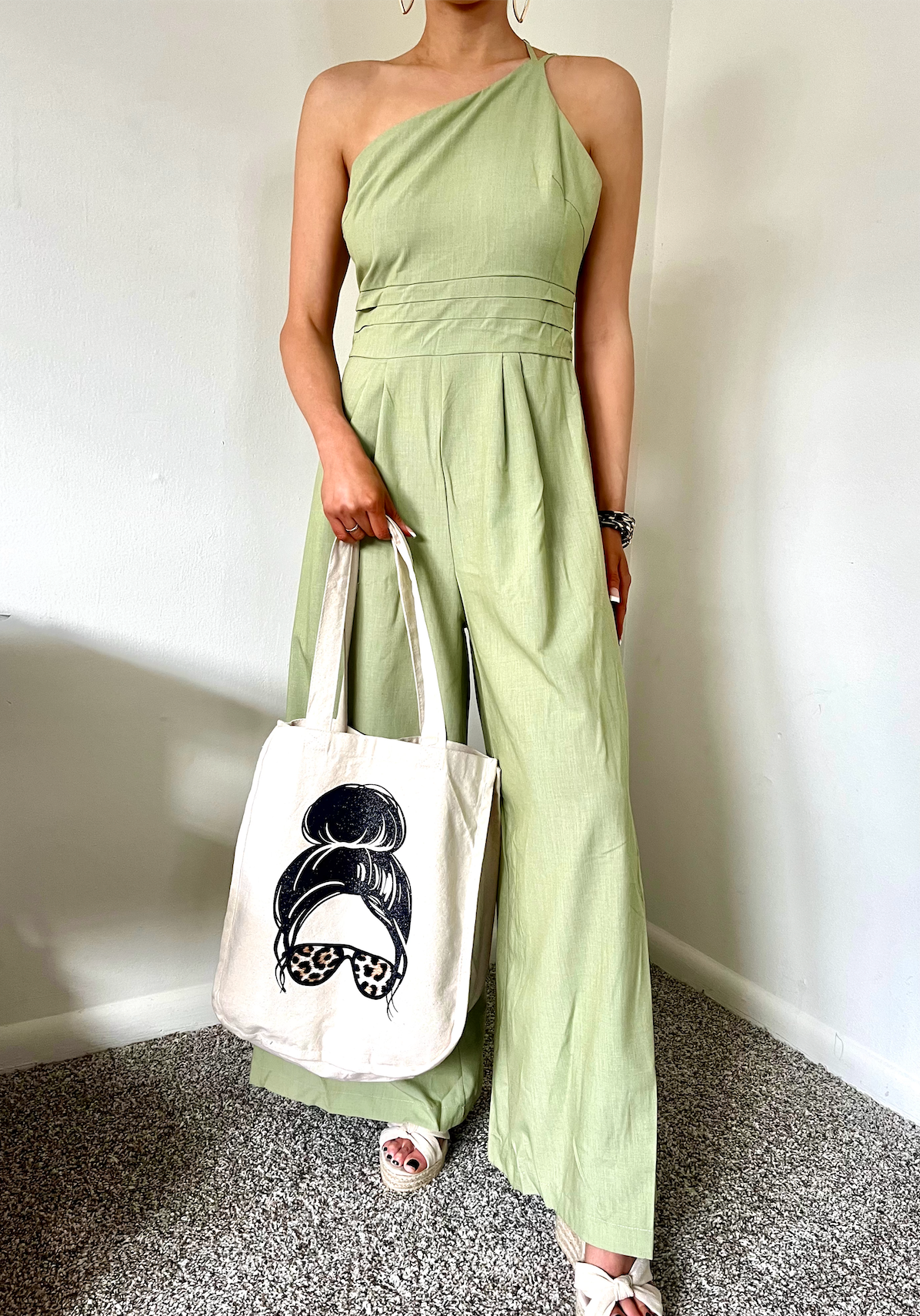 One Shoulder Green Jumpsuit