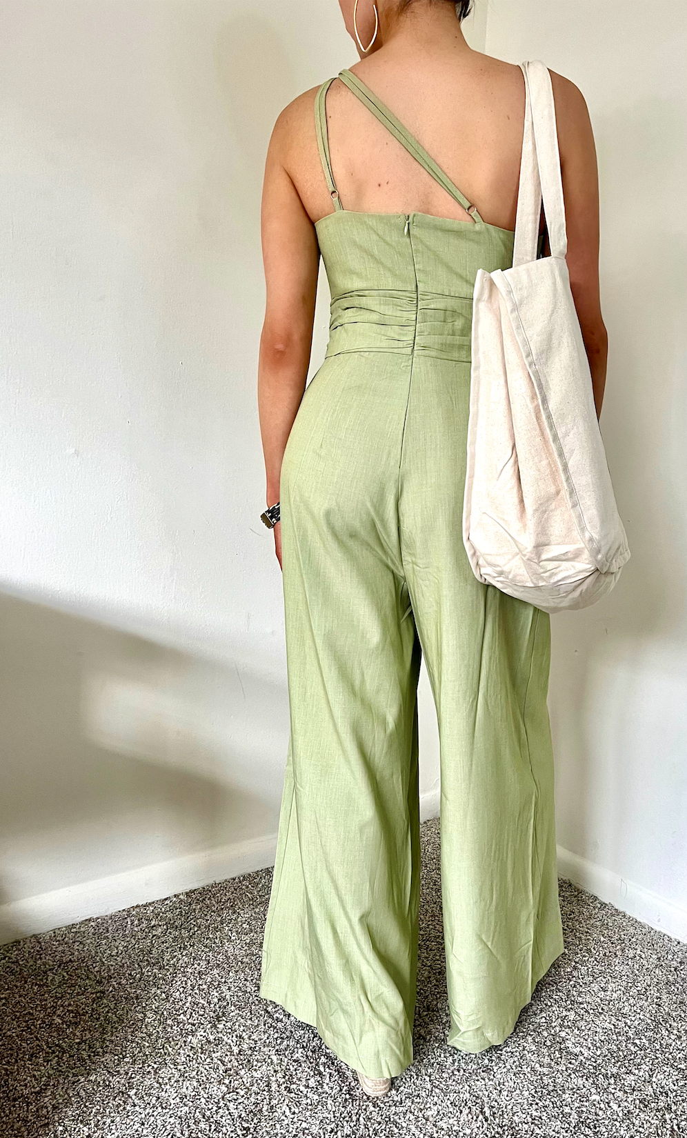 One Shoulder Green Jumpsuit