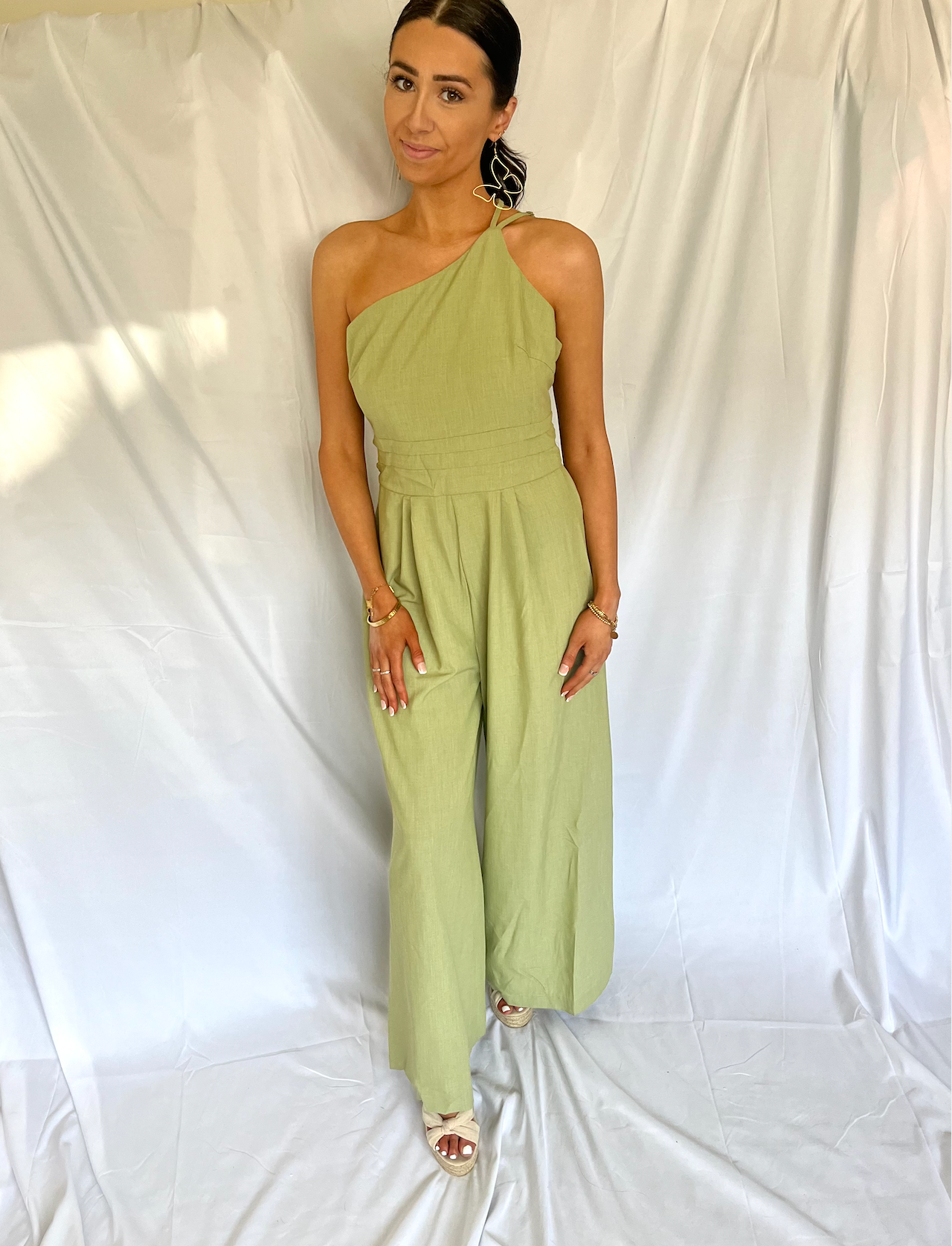 One Shoulder Green Jumpsuit