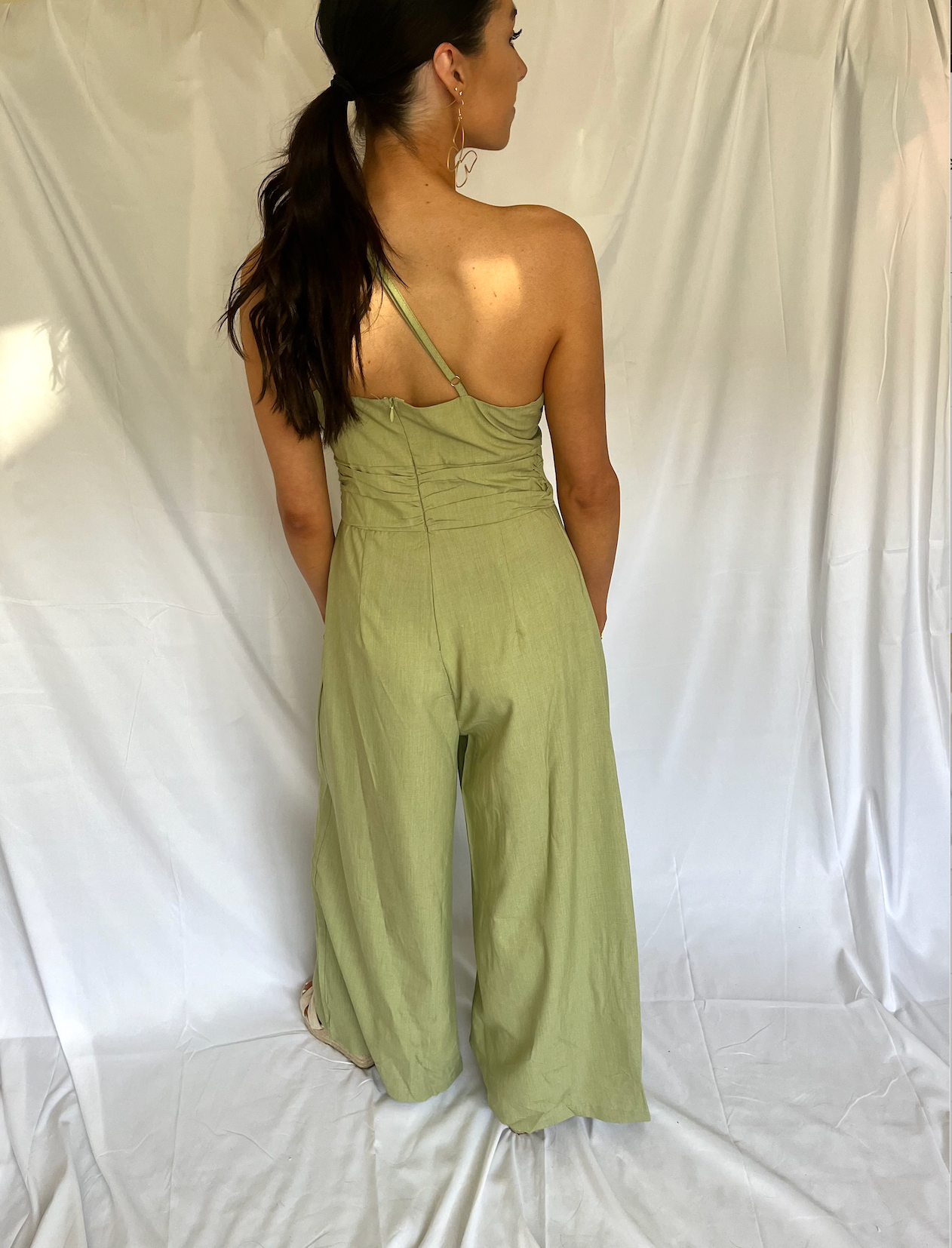 One Shoulder Green Jumpsuit