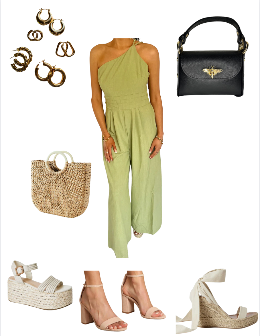 One Shoulder Green Jumpsuit