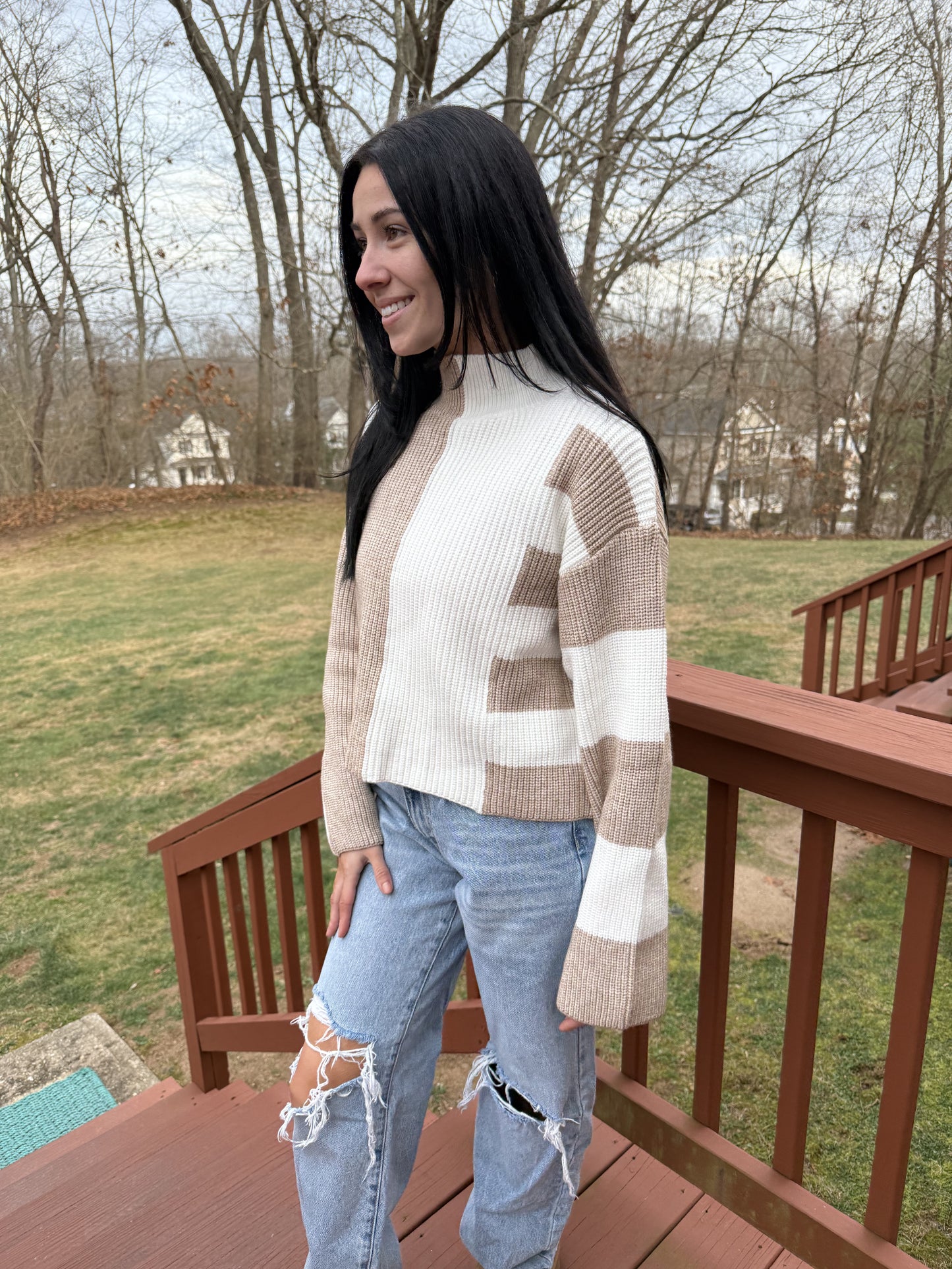 Taupe and White Mock Turtleneck Sweater