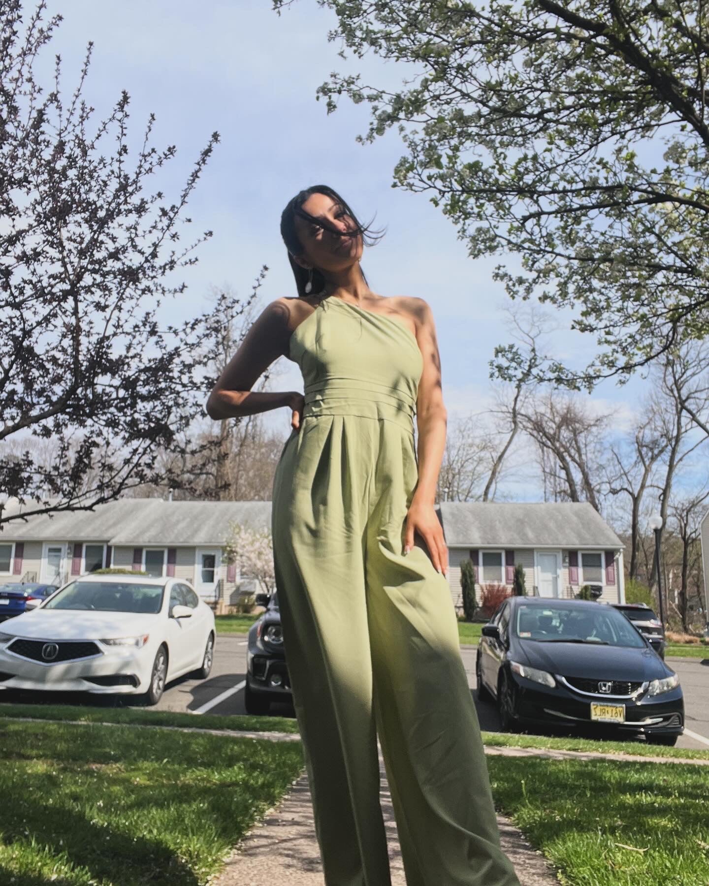 One Shoulder Green Jumpsuit