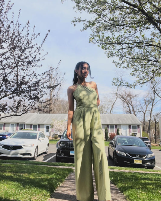 One Shoulder Green Jumpsuit