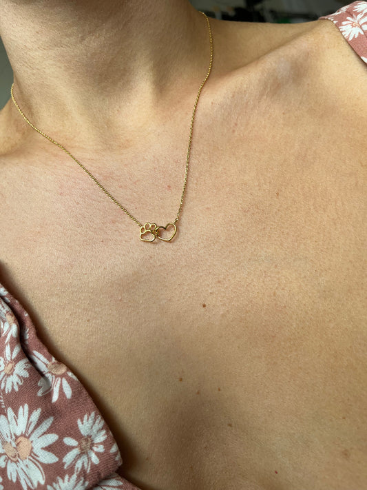 Gold Paw Print Heart Necklace