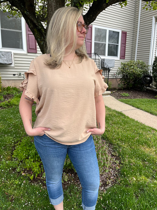 Plus Size Light Beige Ruffle Sleeve Top