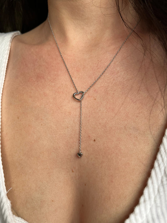 Silver Dainty Heart Lariat Necklace