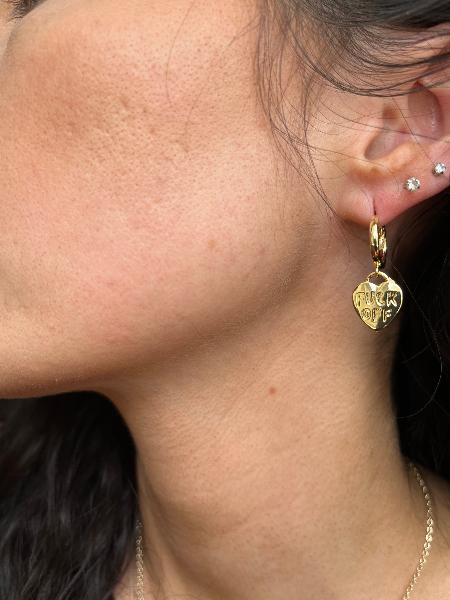 Gold F Off Heart Earrings