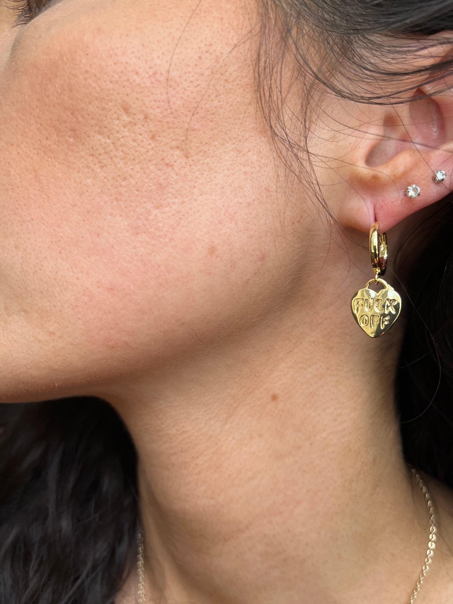 Gold F Off Heart Earrings