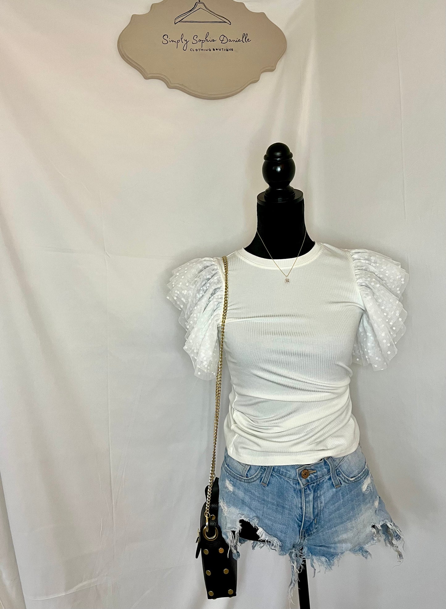 White Ribbed Ruffle Sleeve Top