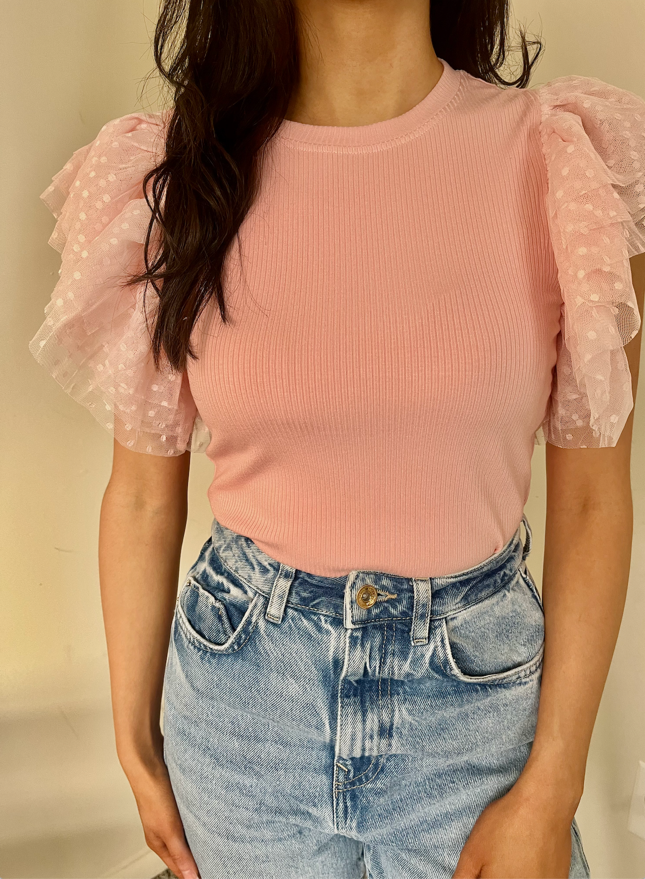 Pink Ribbed Ruffle Sleeve Top