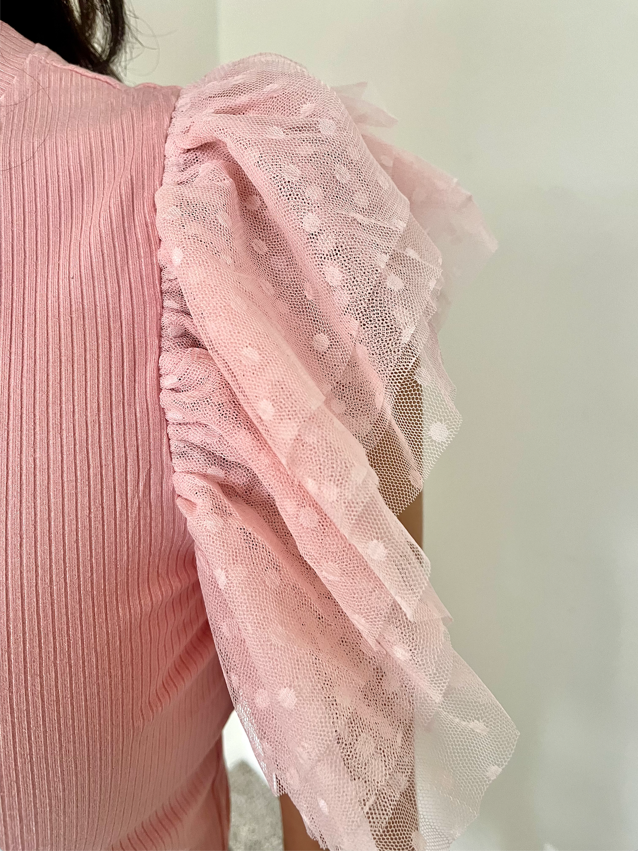 Pink Ribbed Ruffle Sleeve Top