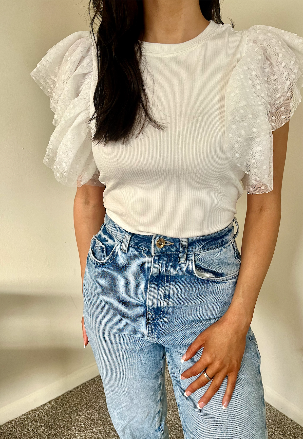 White Ribbed Ruffle Sleeve Top