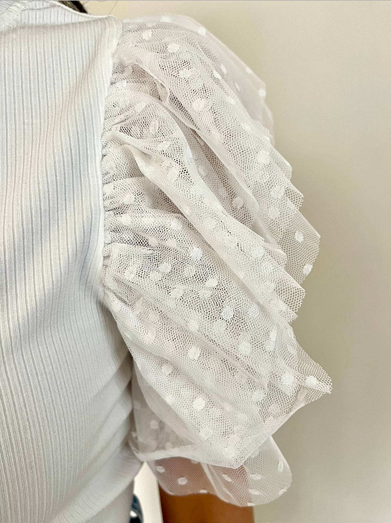 White Ribbed Ruffle Sleeve Top