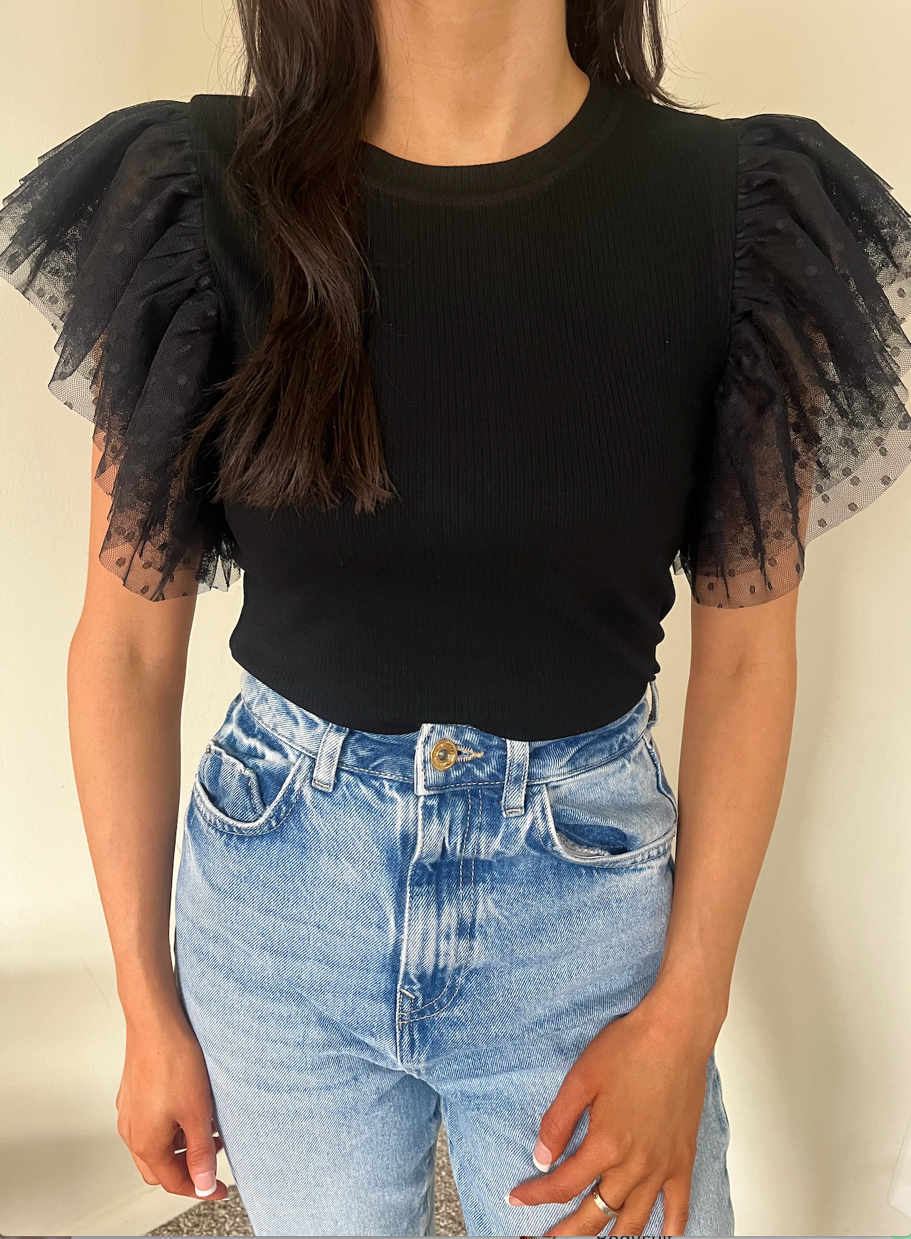 Black Ribbed Ruffle Sleeve Top