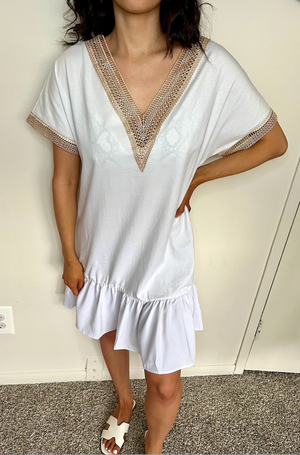 Tan Lace Trim Ruffled Mini White Dress