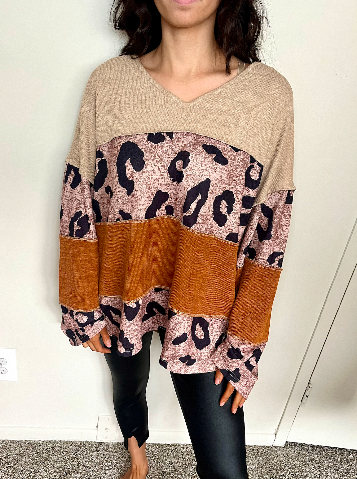 Plus Size Brown Leopard Patchwork Sweater