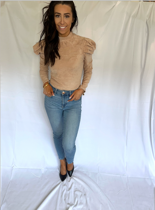 Tan Suede Puff Sleeve Bodysuit