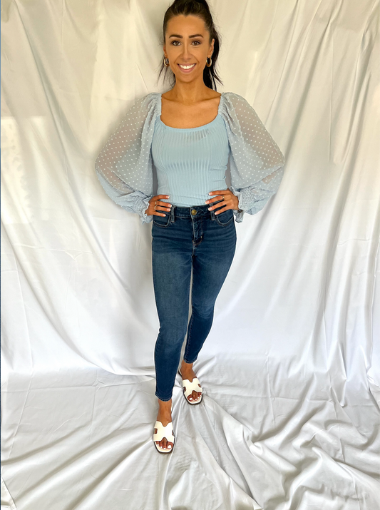 Light Blue Off The Shoulder Puff Sleeve Bodysuit